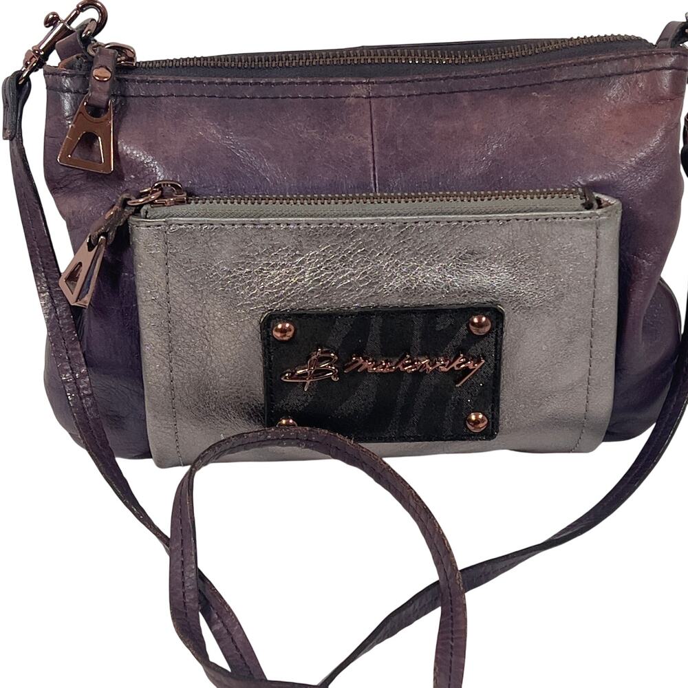 B Makowsky Leather Crossbody Purple/Silver Metallic Pattern Coppertone Hardware